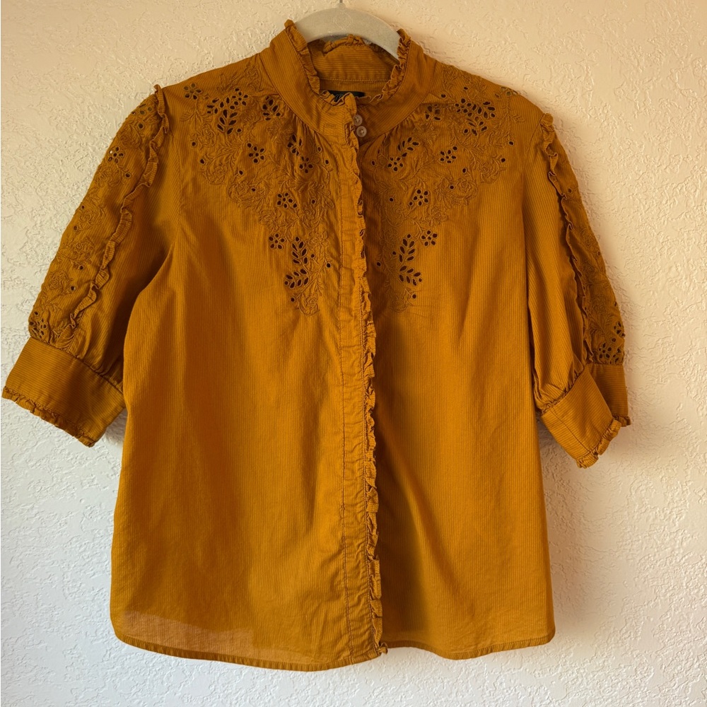 J. Crew Mustard Blouse with Lace Accents